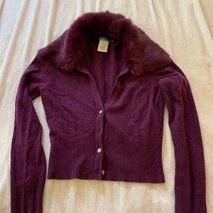 Marciano Purple cardigan with Rabbit fur collar. S